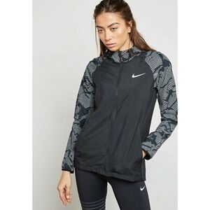 Nike Running Jacket Black Grey Geometric Pattern Hooded Full Zip Windbreaker XS